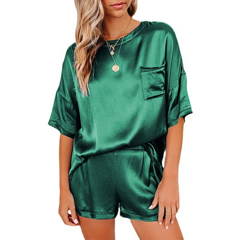 2021Amazon spring summer new pure color silk pyjamas home dress short sleeve shorts irregular two sets