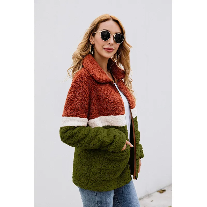 Women Winter Warm Zipper Jacket Pullover Patchwork Sherpa Fleece Pocket Pullover