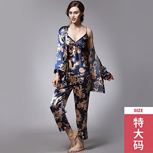 2021 New Arrivel Couple Pajamas Satin Slik Pajamas Dress 3 piece Plus Size Vest Summer Robe Dress
