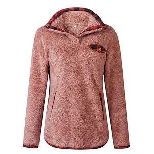 Womens Fuzzy Fleece Pullover Plaid Print Sherpa Sweatshirt Button Collar Tops With Pockets