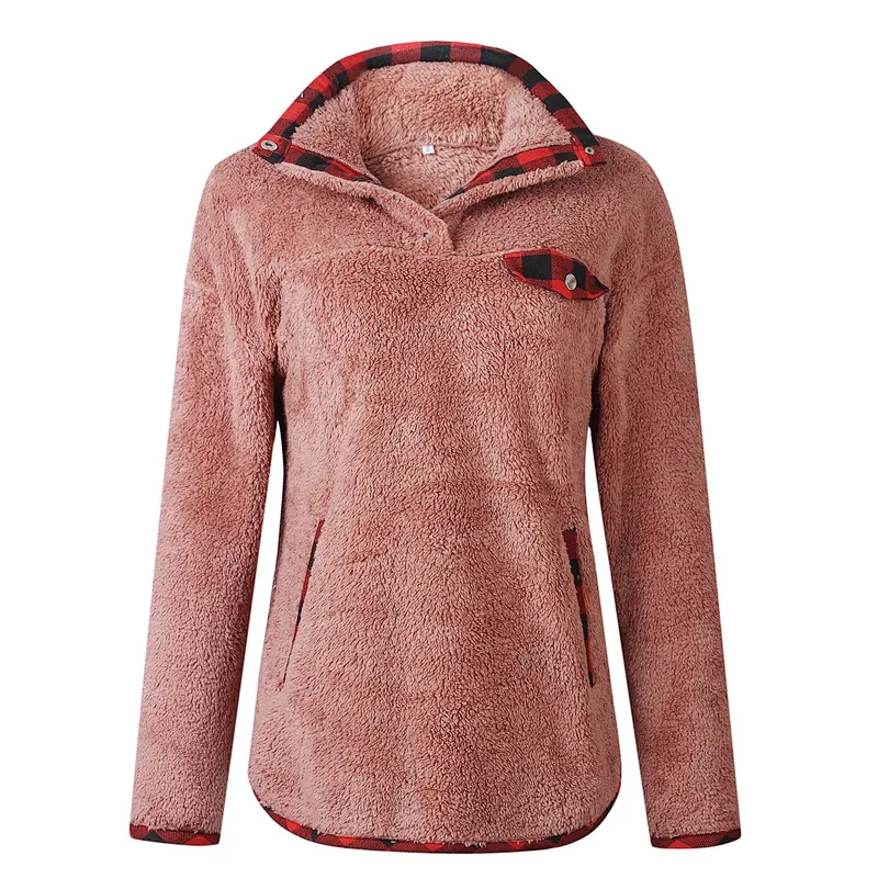 Womens Fuzzy Fleece Pullover Plaid Print Sherpa Sweatshirt Button Collar Tops With Pockets