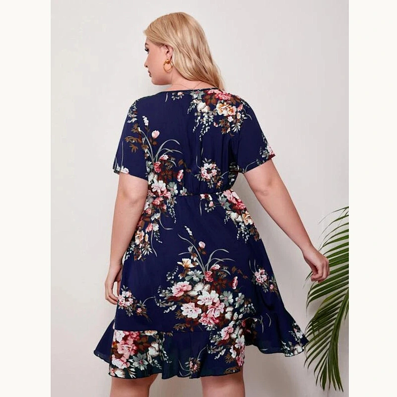 2021 New Plus Ruffle Hem Floral Print Dress Printed Dress O Neck
