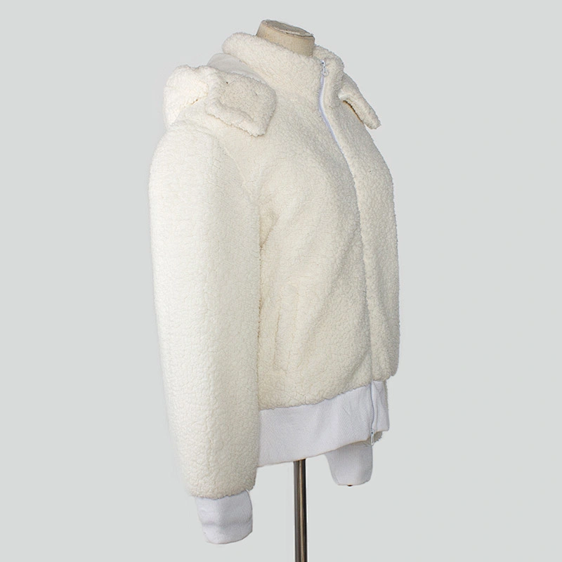 Custom Logo Winter Warm Womens Wool Lamb Teddy Jacket Full Zip Up Hooded Sherpa Fleece Pullover