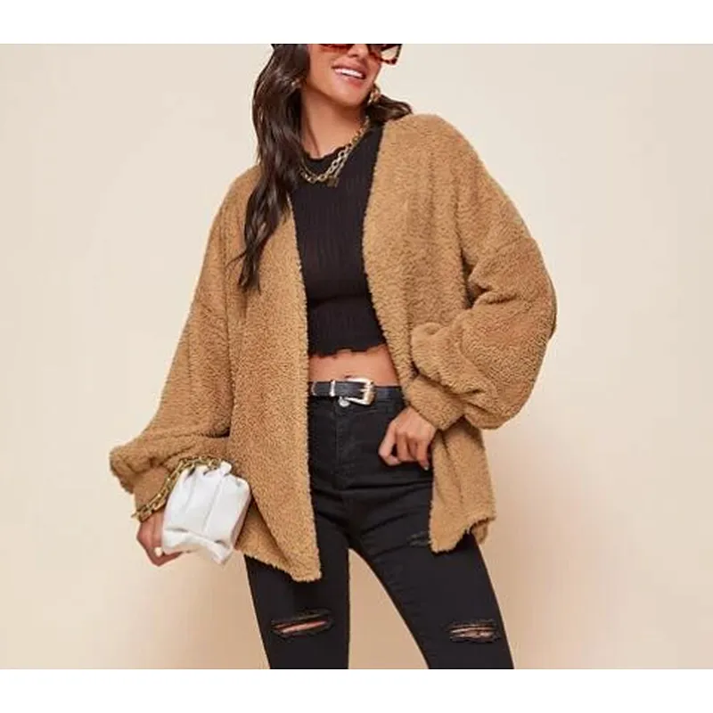Womens Drop Shoulder Faux Fur Winter Suit Jacket Coat Lantern Sleeve Sherpa Pullover
