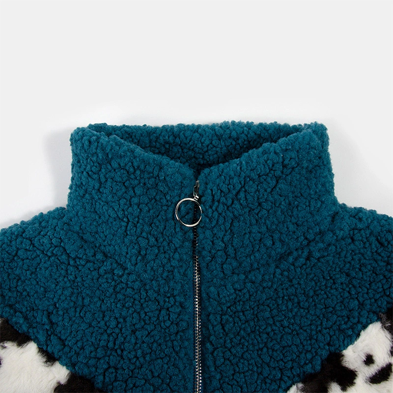 2021 New Design Women's Fuzzy 1/2 Zipper V Shape Patchwork Cow Printing Sherpa Fleece Pullover
