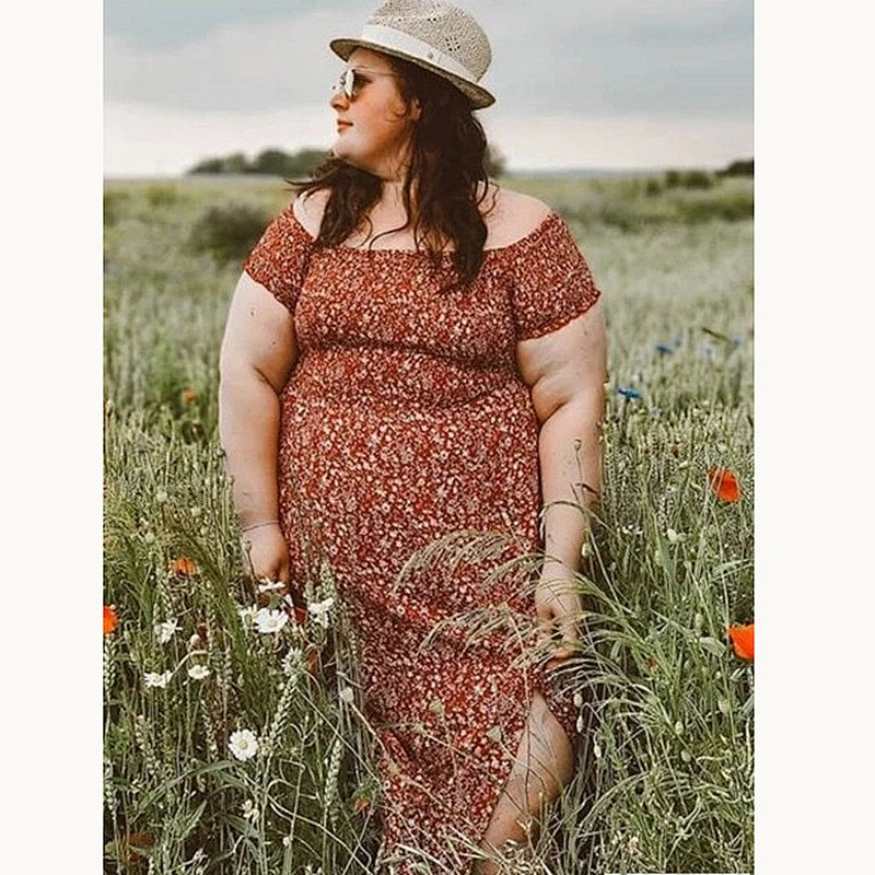 2021 New Plus Off Shoulder Shirred Split Ditsy Floral Dress