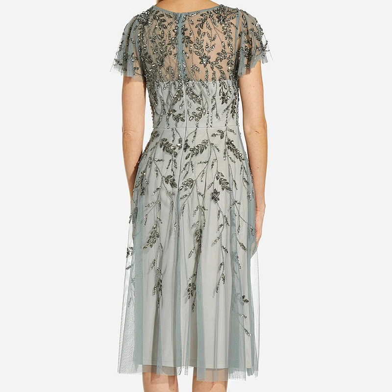 2021 New Arrival HAND-BEADED COCKTAIL DRESS WITH ILLUSION NECKLINE IN FROSTED SAGE EVENING DRESS Party Dress