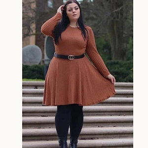 2021 New Plus Ribbed Long Sleeve Fit & Flare Dress O Neck