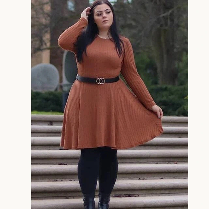 2021 New Plus Ribbed Long Sleeve Fit & Flare Dress O Neck