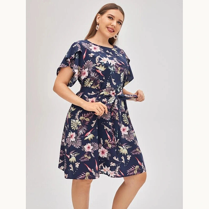 2021 New Plus Butterfly Sleeve Belted Tropical Print Dress