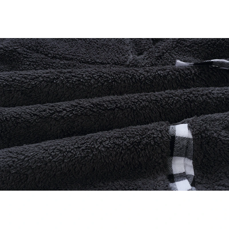 Womens Fuzzy Fleece Pullover Plaid Print Sherpa Sweatshirt Button Collar Tops With Pockets