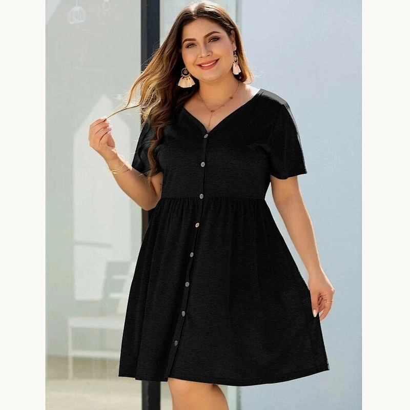 2021 New Plus Button Front V-neck Dress