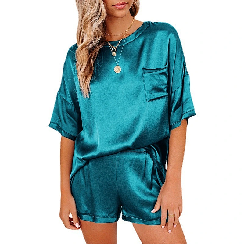 2021Amazon spring summer new pure color silk pyjamas home dress short sleeve shorts irregular two sets
