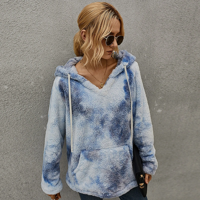 Women's Fuzzy Fleece Tie Dye Pullover Oversized Sherpa Long Sleeve Tops with Pockets