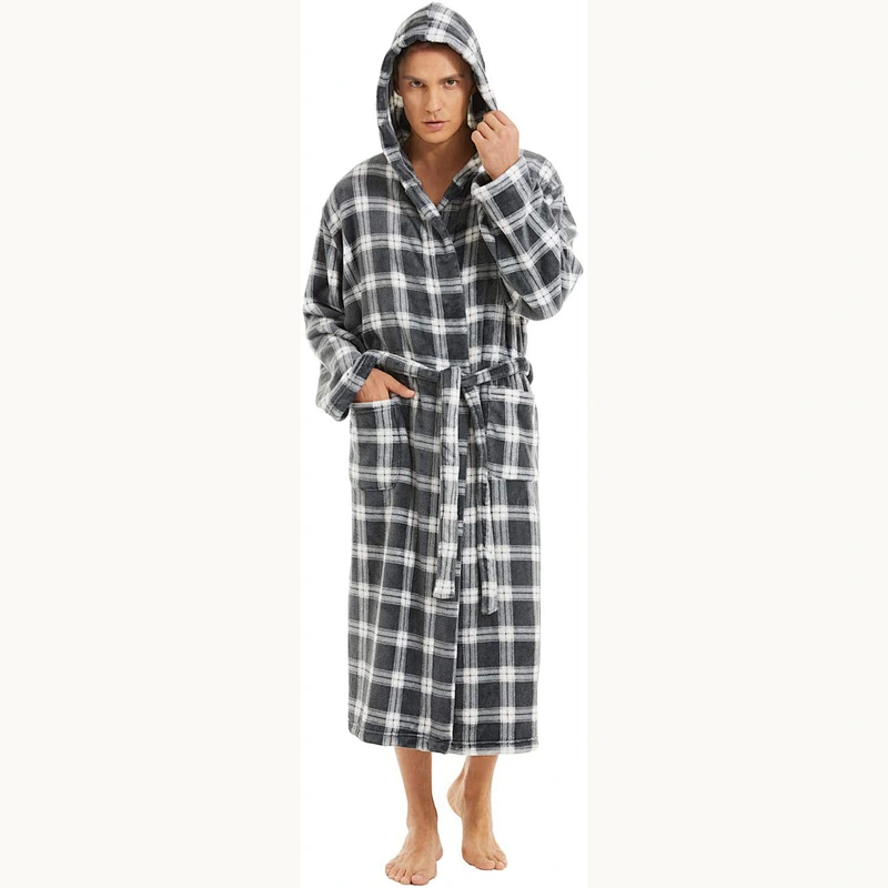 2021 new  Men Fleece Robe Warm Soft Plush Light weight Hooded Robes Shawl Collar Spa Bathrobe