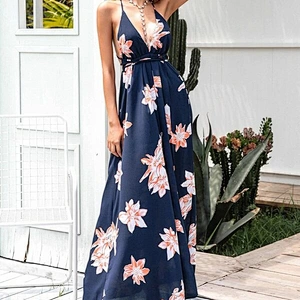 2021 New Arrival Simplee Lace Up Backless Wrap Floral Dress Evening Dress Fashion Office Dress