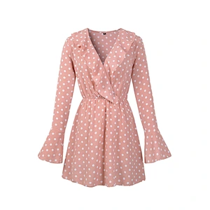 2021 Spring new - style sexy V neck wave dot flounce chiffon skirt horn sleeve