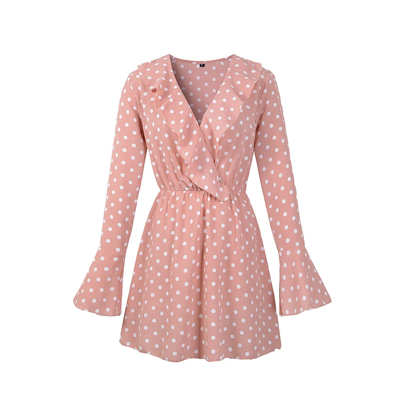2021 Spring new - style sexy V neck wave dot flounce chiffon skirt horn sleeve