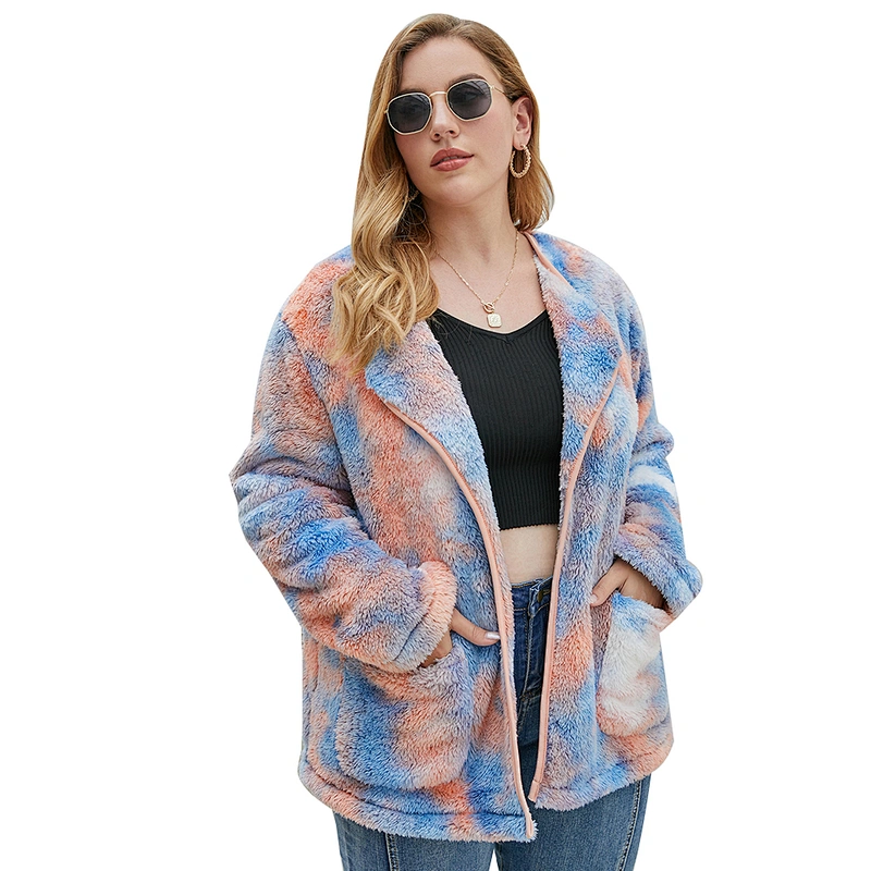 Womens Plus Size (L-5XL) Front Open Tie Dyed Sherpa Fleece Pullover, Oversized Tie Dye Teddy Coat