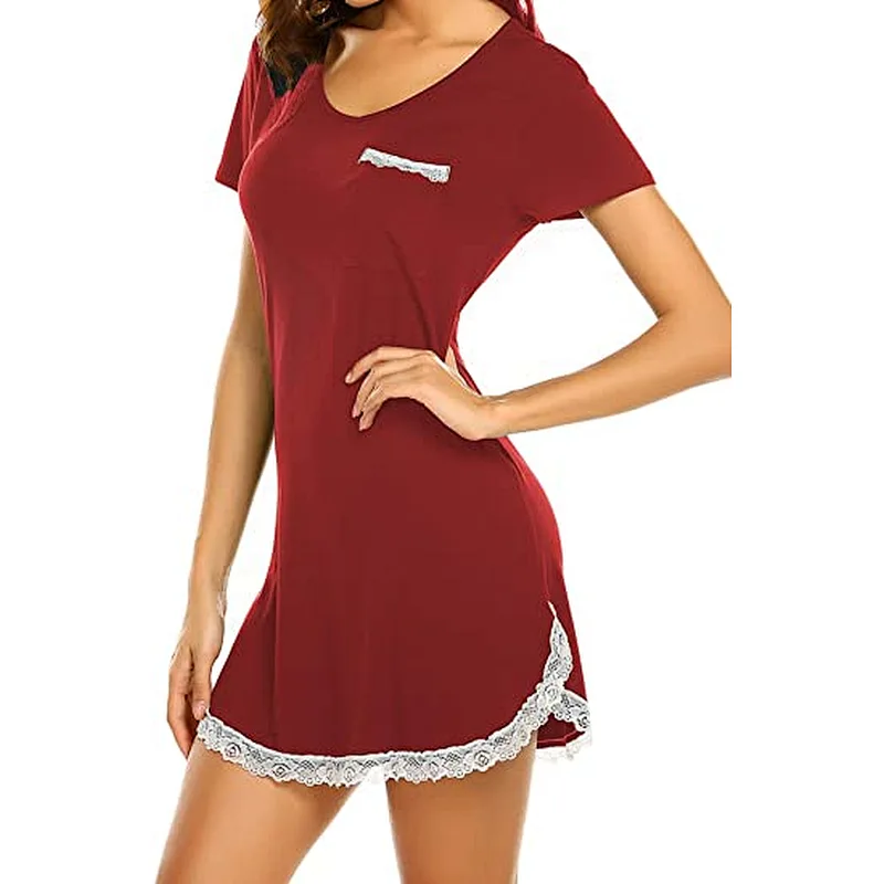 2021Amazon AliExpress Women's Pyjamas New Pocket Lace Cotton Skin-friendly Home Dress Middle Skirt