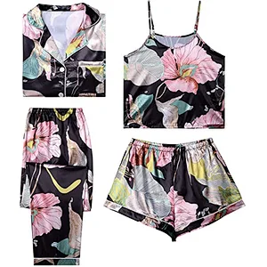 2021 Amazon Women's Pajamas Set 4pcs Satin Silk Cami Top Button Down Loungewear Pjs Set