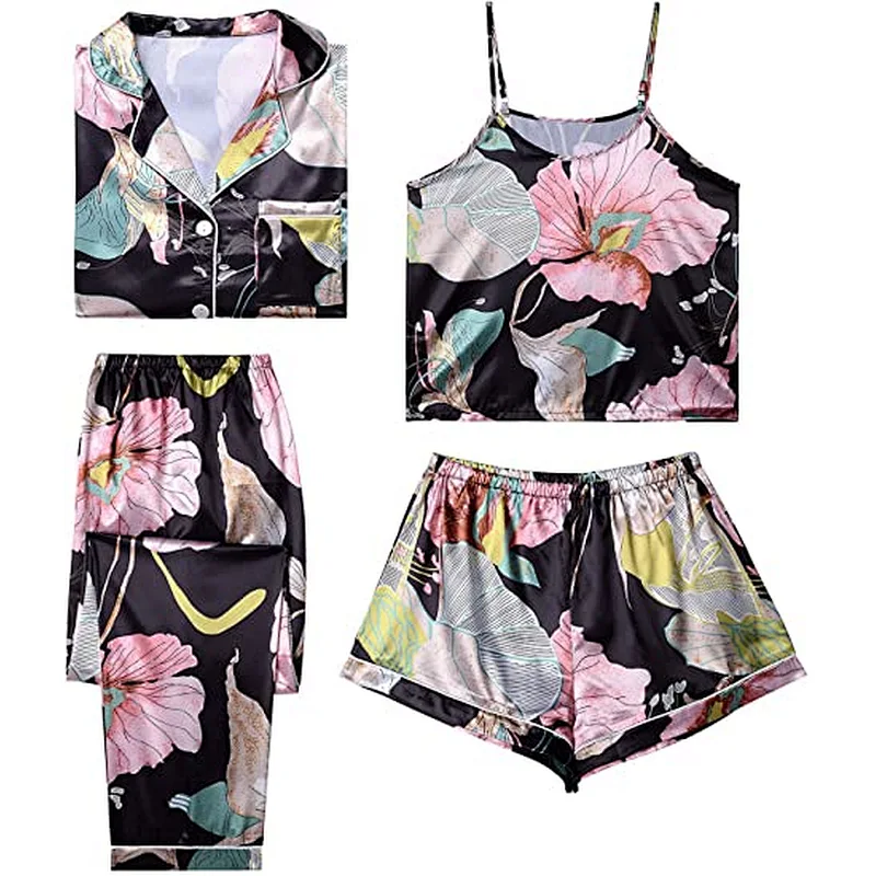2021 Amazon Women's Pajamas Set 4pcs Satin Silk Cami Top Button Down Loungewear Pjs Set