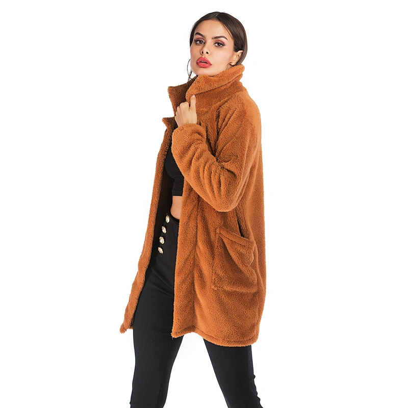 Women's Fuzzy Fleece Open Front Mid Long Cardigan Coat Faux Fur Winter Warm Outwear Pullover with Pocket