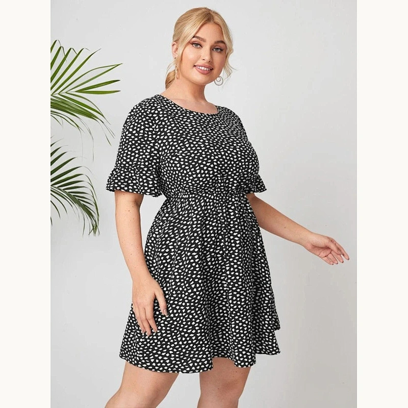 2021 New Plus All Over Print Flounce Short Sleeve Dress Printed dress O Neck