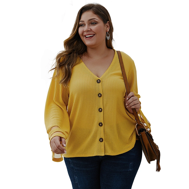 Factory Direct Womens Plus Size Mandarin Sleeve Knit Pullover Sweater V-neck Full Button Sweater tops