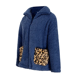 Womens Wool Leopard Pattern Full Zipper Two Side Pocket Sherpa Fleece Hoodies Pullover