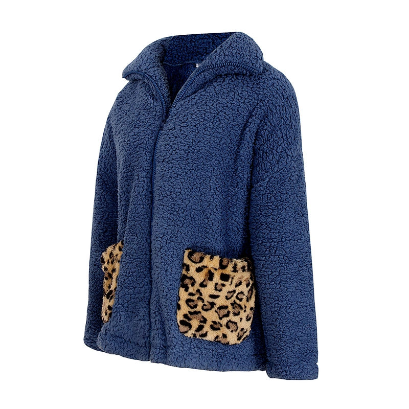 Womens Wool Leopard Pattern Full Zipper Two Side Pocket Sherpa Fleece Hoodies Pullover