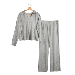 Custom spring autumn Women long-sleeved hooded home clothes sweater pyjamas set soft comfortable long-pants knitting pajamas set