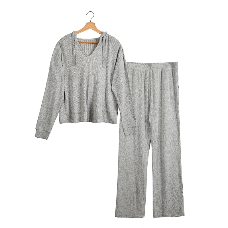 Custom spring autumn Women long-sleeved hooded home clothes sweater pyjamas set soft comfortable long-pants knitting pajamas set