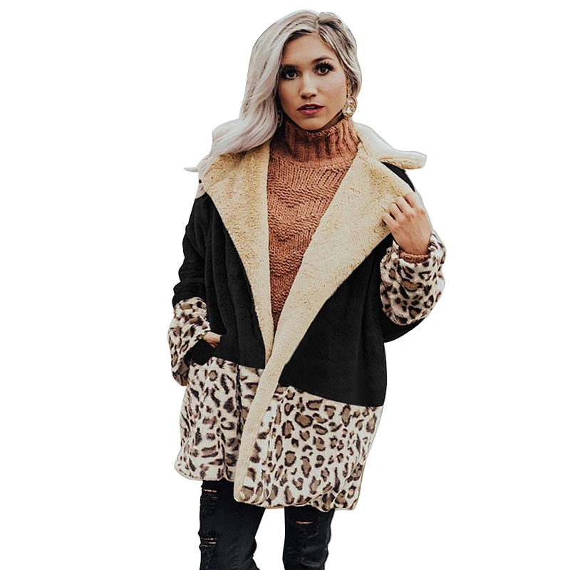 Womens Leopard Print Faux Fur Jacket Lapel Collar Sherpa Fleece Pullover with Pockets