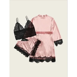 2021Amazon Womens pajamas  Silk pajamas set 3pcs Floral lace Trim Satin with robe