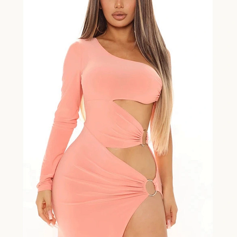 Cheapest Wholesale Cut Out Maxi Sexy  Evening Club  Dress Plus Size 3 around Copper Button Half side cuffless floor- lengh