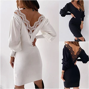 2021new Autumn dress sexy show back hollow-out lace V to get waist dress