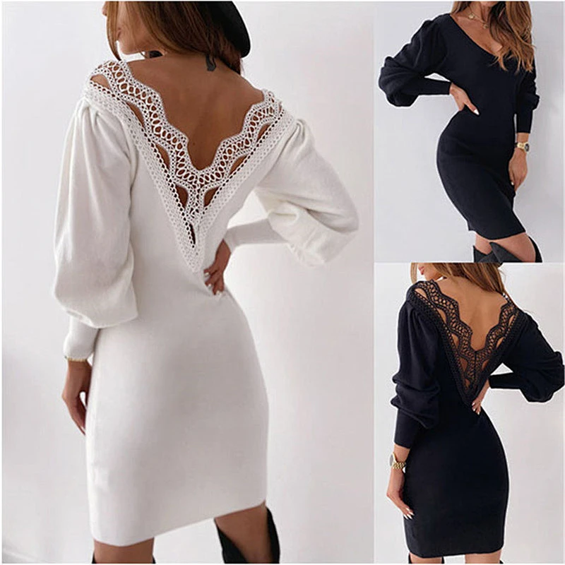 2021new Autumn dress sexy show back hollow-out lace V to get waist dress