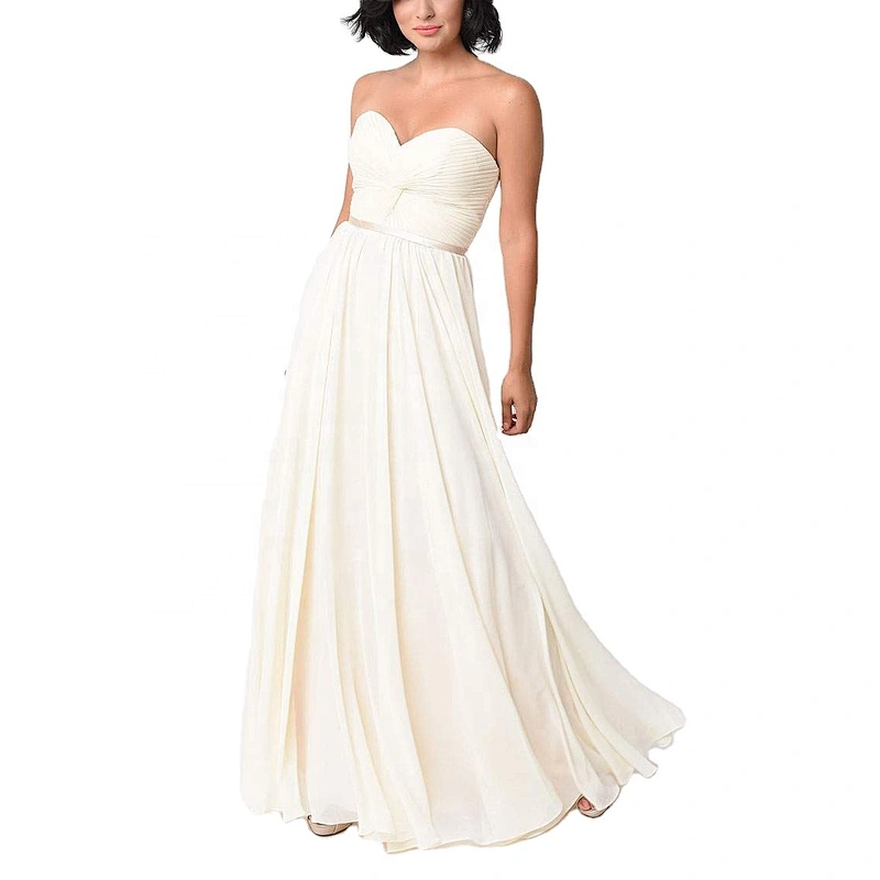 Factory Price Latest  Cream Color Chiffon Strapless Long Gown Evning Dress Ruffle Socialite Style