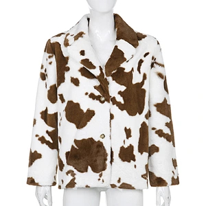 Womens Cow Print Faux Fur Winter Suit Jacket Coat Button Two Side Pockets Sherpa Pullover