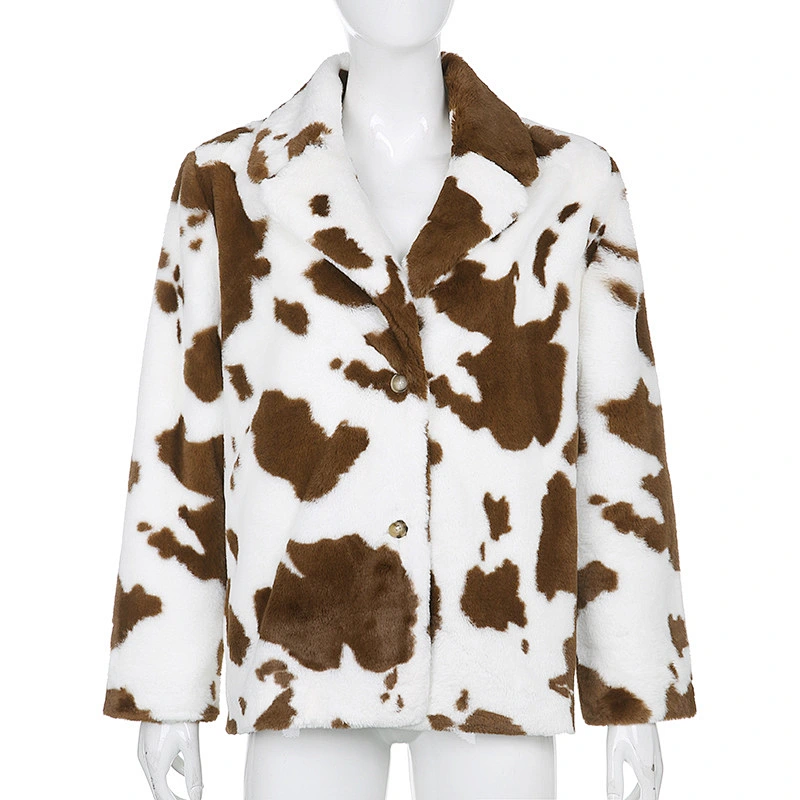 Womens Cow Print Faux Fur Winter Suit Jacket Coat Button Two Side Pockets Sherpa Pullover