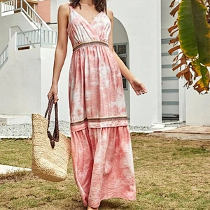 2021 New Arrival Surplice Neck Tape Detail Shirred Tie-Dye Cami Dress Boho Style Multicolor Dress