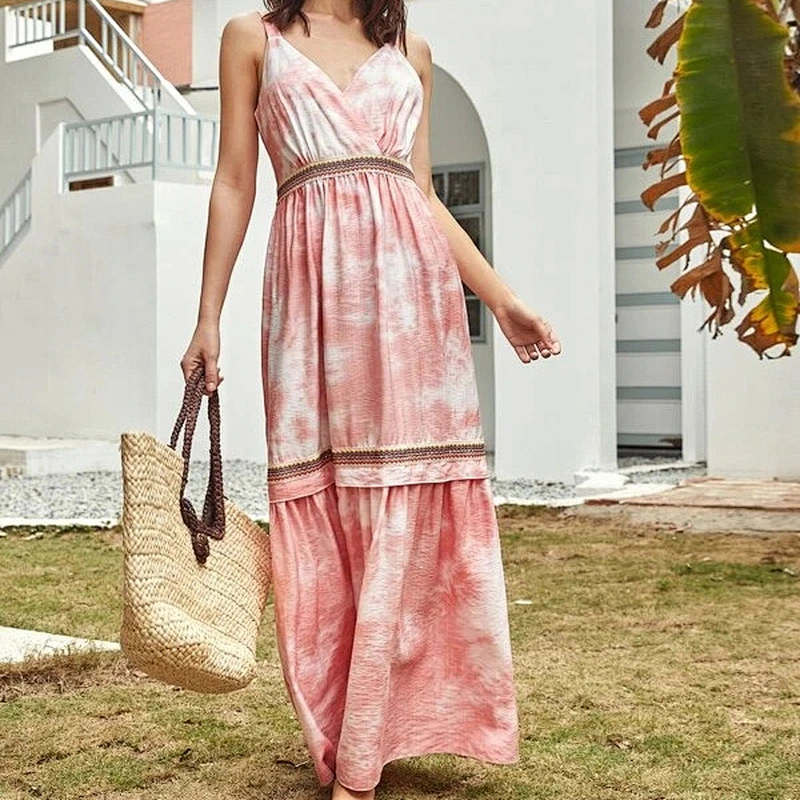 2021 New Arrival Surplice Neck Tape Detail Shirred Tie-Dye Cami Dress Boho Style Multicolor Dress