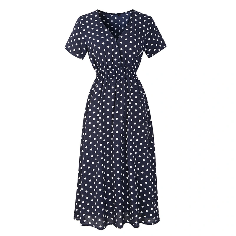 2021New chiffon beach skirt printed V-neck short sleeve dress Bohemian skirt