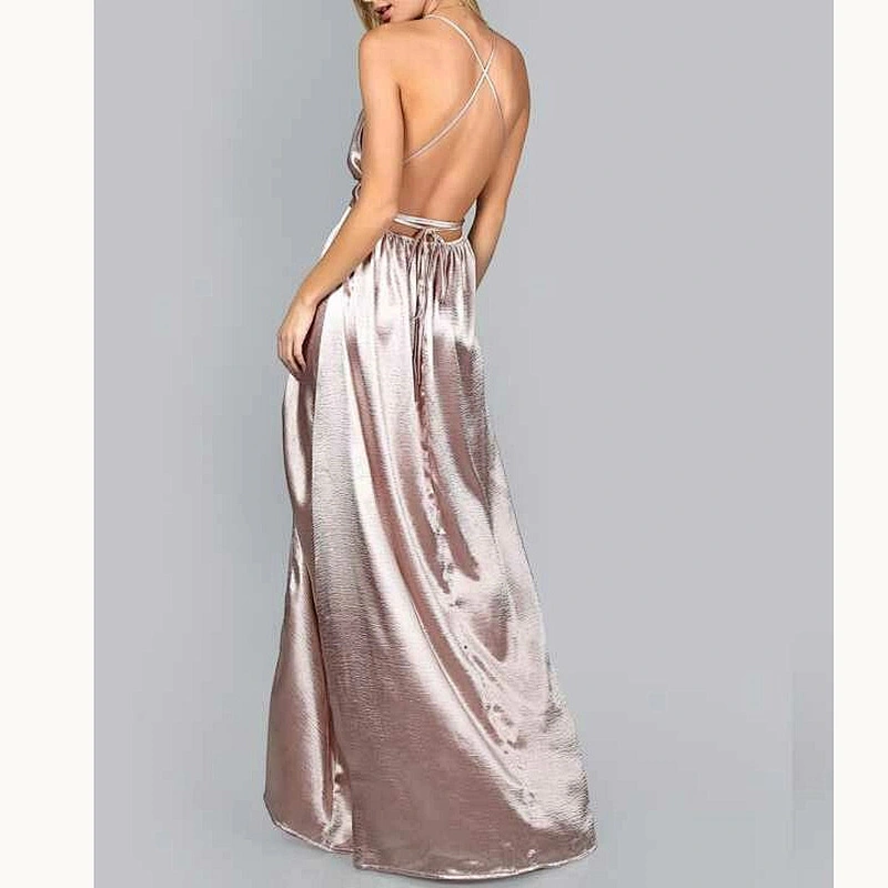 2021 New Arrival Plunge Neck Crisscross Back Split Thigh Pleated Satin Dress Sexy Lady Evening Dress