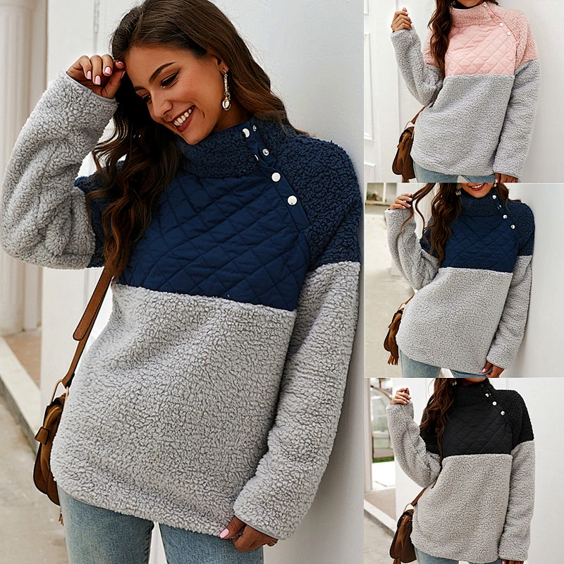 Women Casual Teddy Coat Oblique Button Sweatshirt Skew Collar Patchwork Sherpa Fleece Pullover