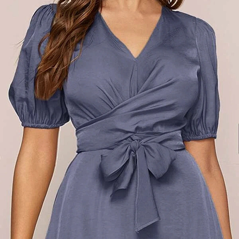 2021 New Arrival Twist Front Puff Sleeve Self Tie Dress Sexy Cusual Lady Dress