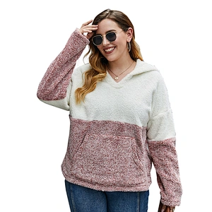 Kangaroo Pocket Womens  Oversized Sweatshirt Fuzzy Lapel Plus Size Patchwork Sherpa Fleece hoodies