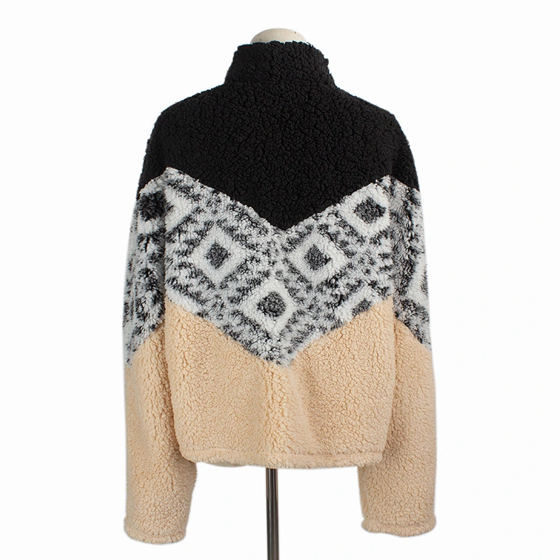 Fuzzy Geometric Pattern Teddy Coat Color Block Full Zip Sherpa Fleece Jacket Pullover