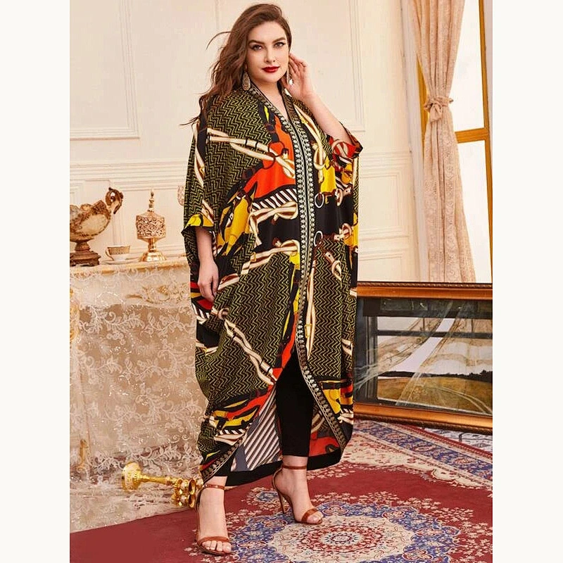2021 New Plus Chevron And Chain Print Kaftan Dress